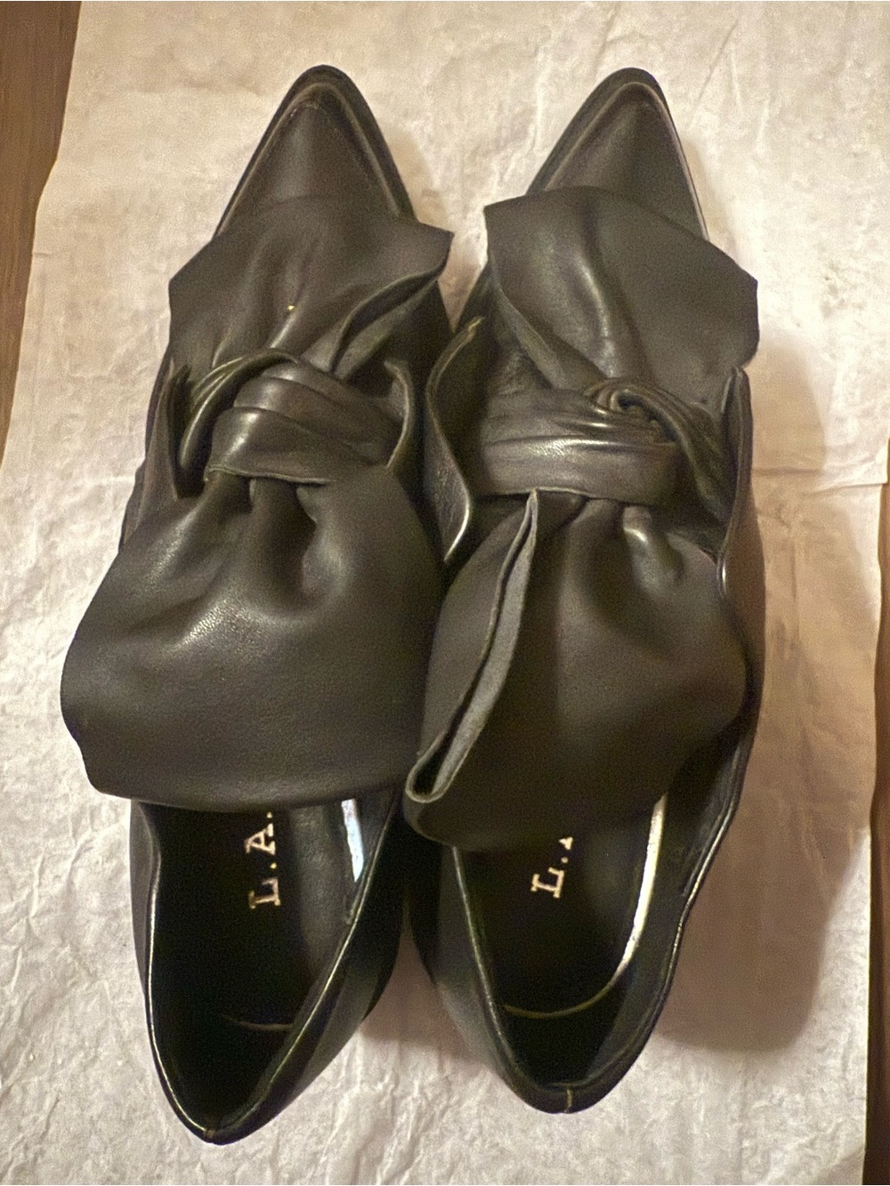 L.A.M.B. Black Leather Knot-Detail Pointed Loafers